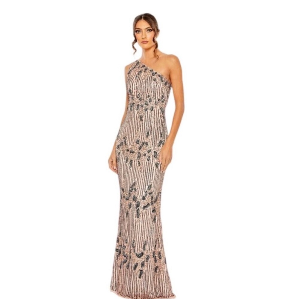 MAC DUGGAL Dress Size 10 Evening Gown Sequin Pink Multicolor One Shoulder Flaw